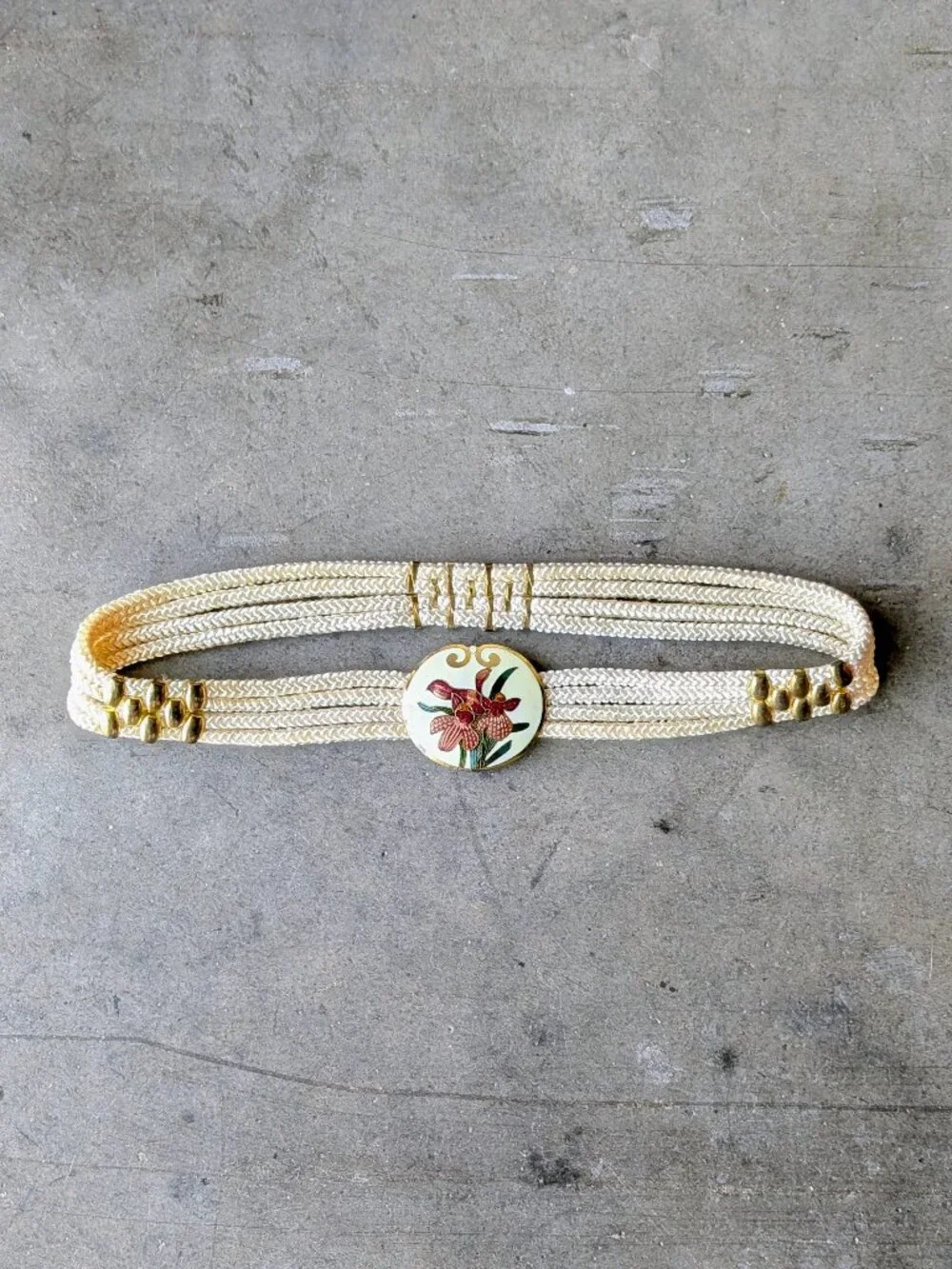 Vintage 1980s Floral Cloisonne Buckle Ivory Gold Rope Belt one size